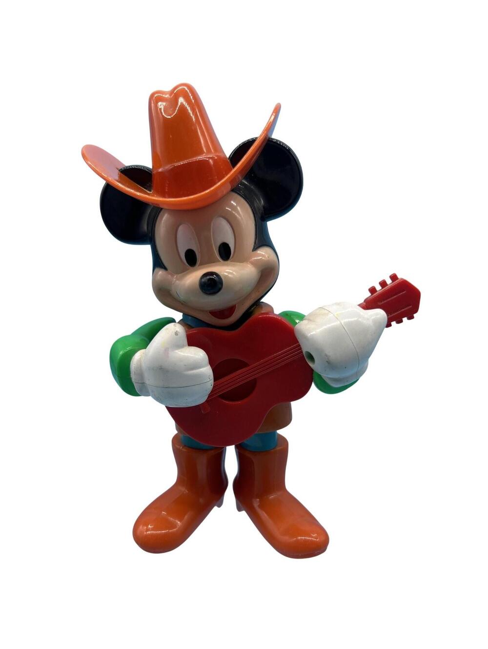 Vintage Disney Mickey Mouse Cowboy Wind Up Toy Figure Illco Orange Guitar